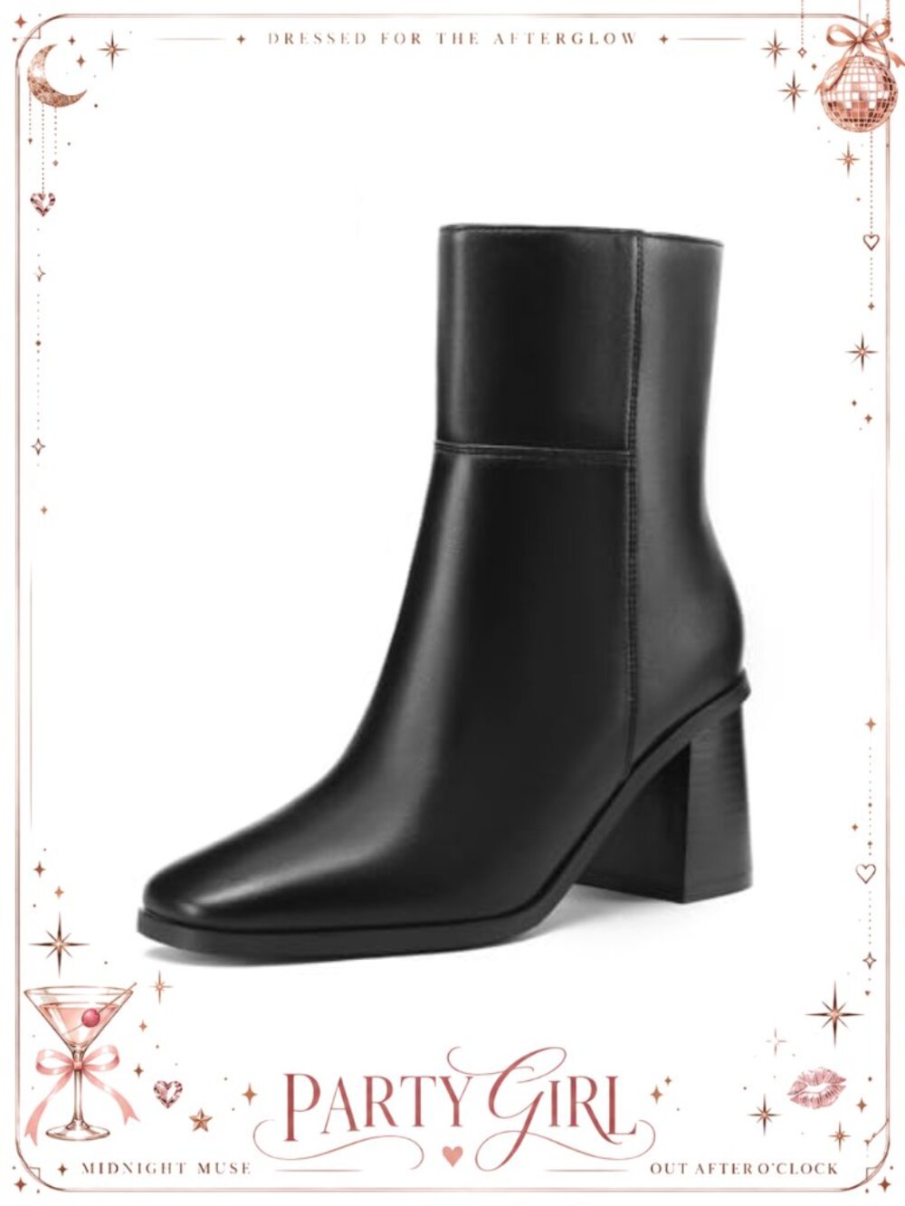 Women Faux Leather Square Toe Block Heel Ankle Booties Side Zip Dress Boots